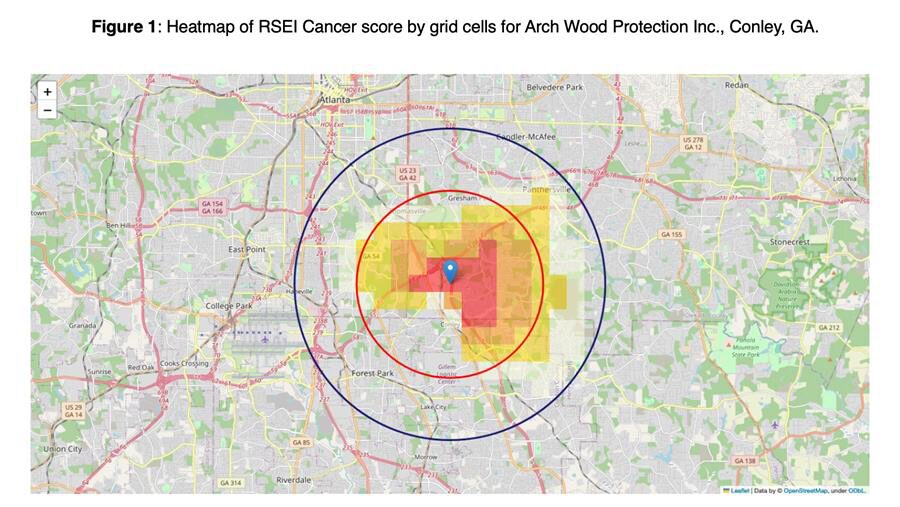 Heatmap of RSEI Cancer score by grid cells for Arch Wood Protection Inc, Conley, GA.