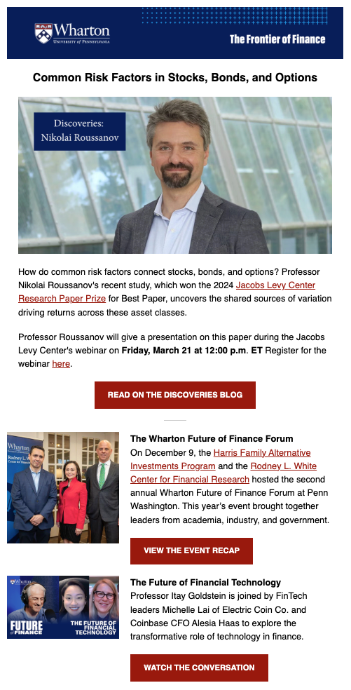 Promotional content for financial presentations and events hosted by Wharton. It features speakers, including Nikolai Roussanov, discussing risk factors in finance, a finance forum, and technology in finance.